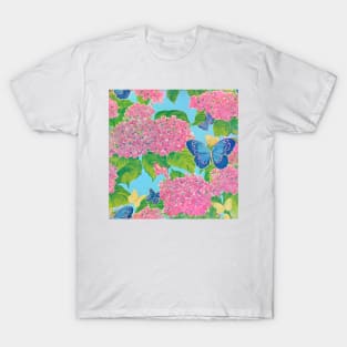 Pink hydrangeas and butterflies on blue T-Shirt